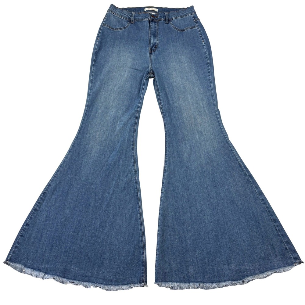 Vibrant MIU Jeans Womens Plus 1X Blue High Rise Extreme Bell Flare Raw Hem 31x32